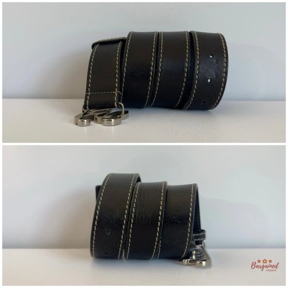 Authentic GUCCI Black Leather Silver Italics Script Logo Buckle Belt 90/36 - Picture 6 of 13